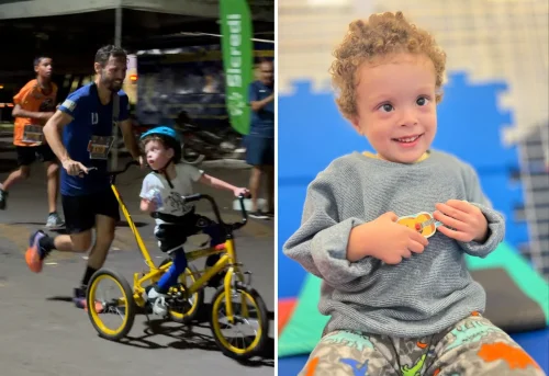 Pai emociona ao correr 5 km empurrando filho com deficiência em bicicleta adaptada