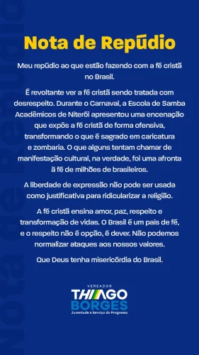Vereador de Palmas emite nota de repúdio contra encenação carnavalesca
