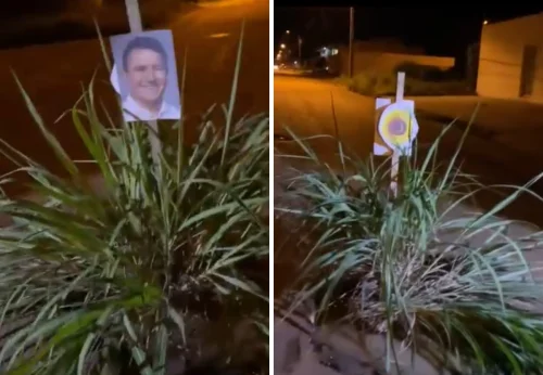 Moradores usam foto de prefeito em estaca para protestar contra buracos em Palmas